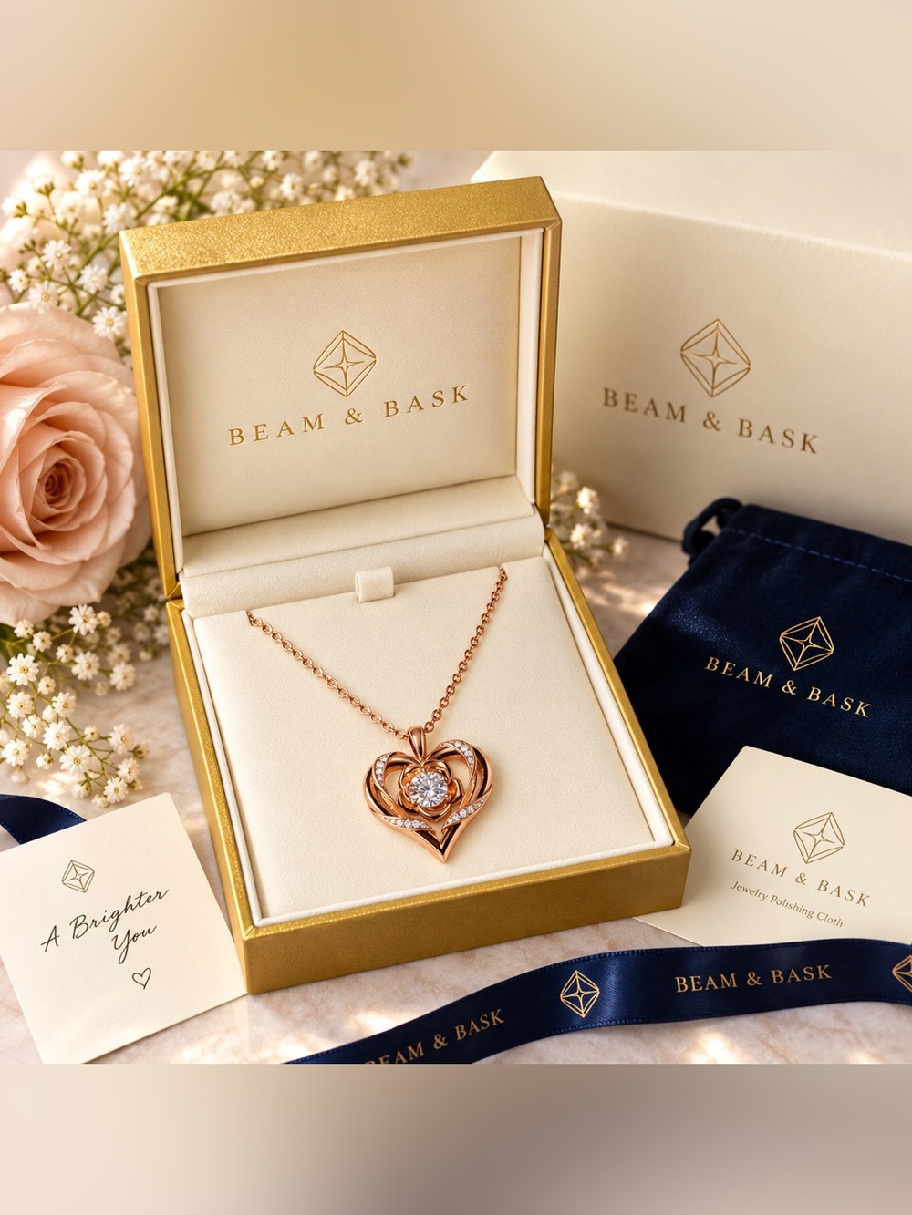 Beam & Bask 1CT Moissanite Rose Heart Necklace 18K Rose Gold Plated S925